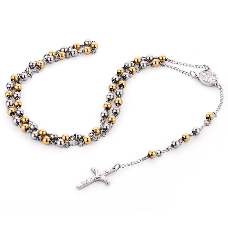 COTTVOTT Stainless Steel 6mm Beads Rosary Catholic Necklace Holy Medal & Crucifix 32inch(Golden Silver Tone) - Image 3